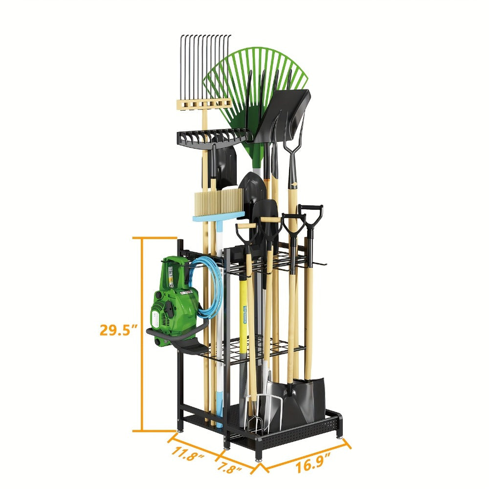 Freestanding Heavy-Duty Metal Storage Rack with Hooks for Long-Handled Yard Tools in the Garage, Garden Tool Organizer