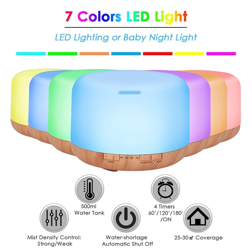 Oil Diffuser (16.91oz) in a Wood Grain Design for Home and Office with 7 Ambient LED Lights