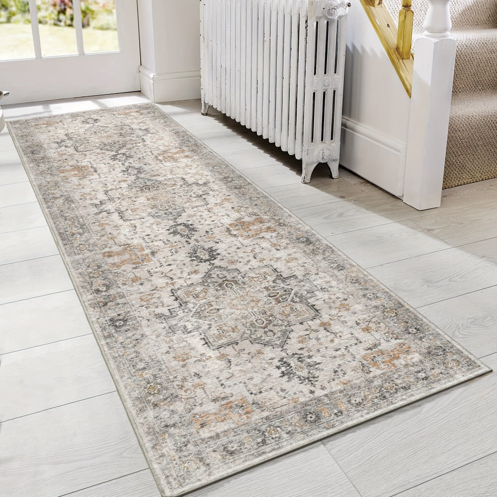 Vintage Chenille Area Rug Non-Slip Machine Washable – Retro Print Lightweight Carpet for Living Room, Bedroom, Dining Area & Home Office – Light Taupe Brown, 8 Sizes