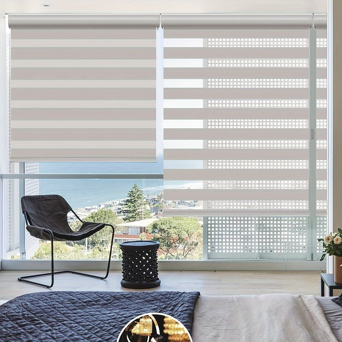 Cordless Zebra Roller Shade with Valance – Day Night Window Blind, Light Filtering Dual Layer Window Treatment Mesh Opaque Fabric