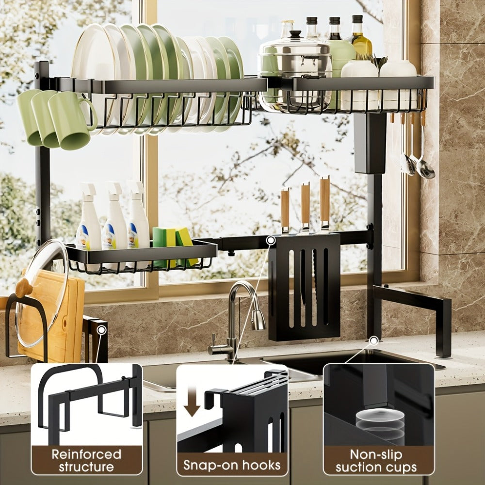 Over-the-Sink Dish Drying Rack, Adjustable Two-Tier 304 Stainless Steel Kitchen Organizer for 30 to 34-Inch Widths