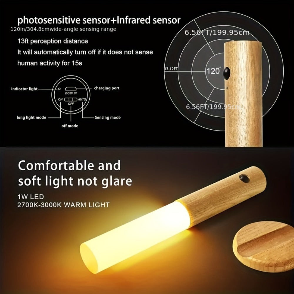 Motion Night Light, Rechargeable LED IPX4 Waterproof Wood Grain & Walnut Under Cabinet Step Lamp for Staircase