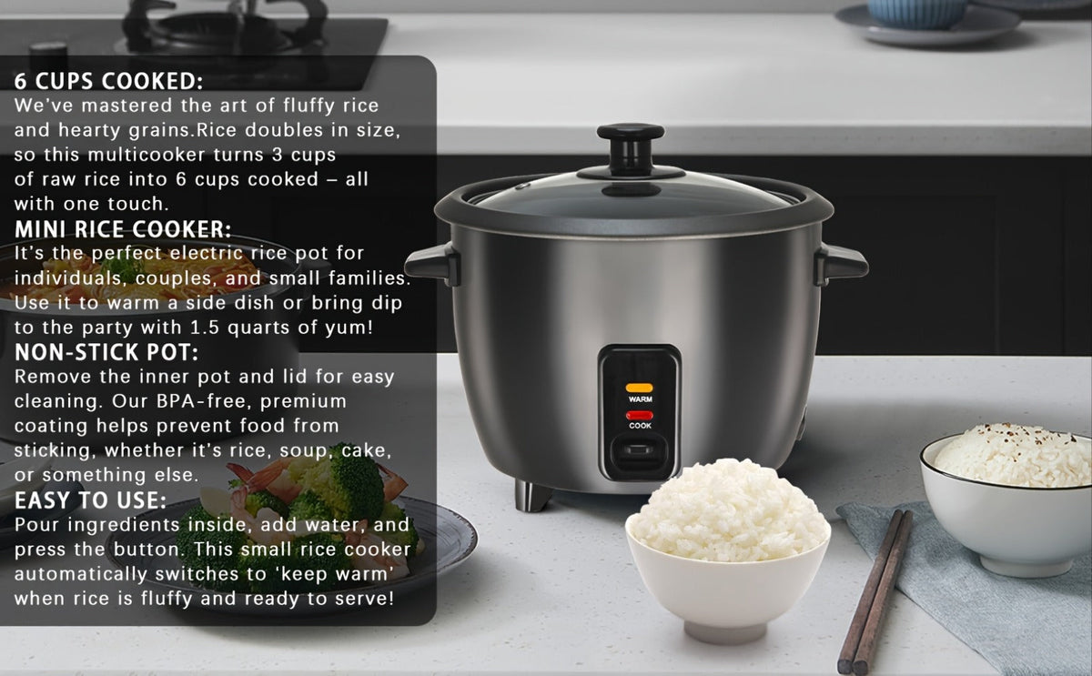 Rice Cooker 6-Cup Non-Stick with Yogurt Maker Function - 3-Cup Uncooked Grain Cooker with Removable Non-Stick Pot Auto Keep Warm One-Touch Operation, Compact Electric Rice Cooker for Home Dorm Office Black