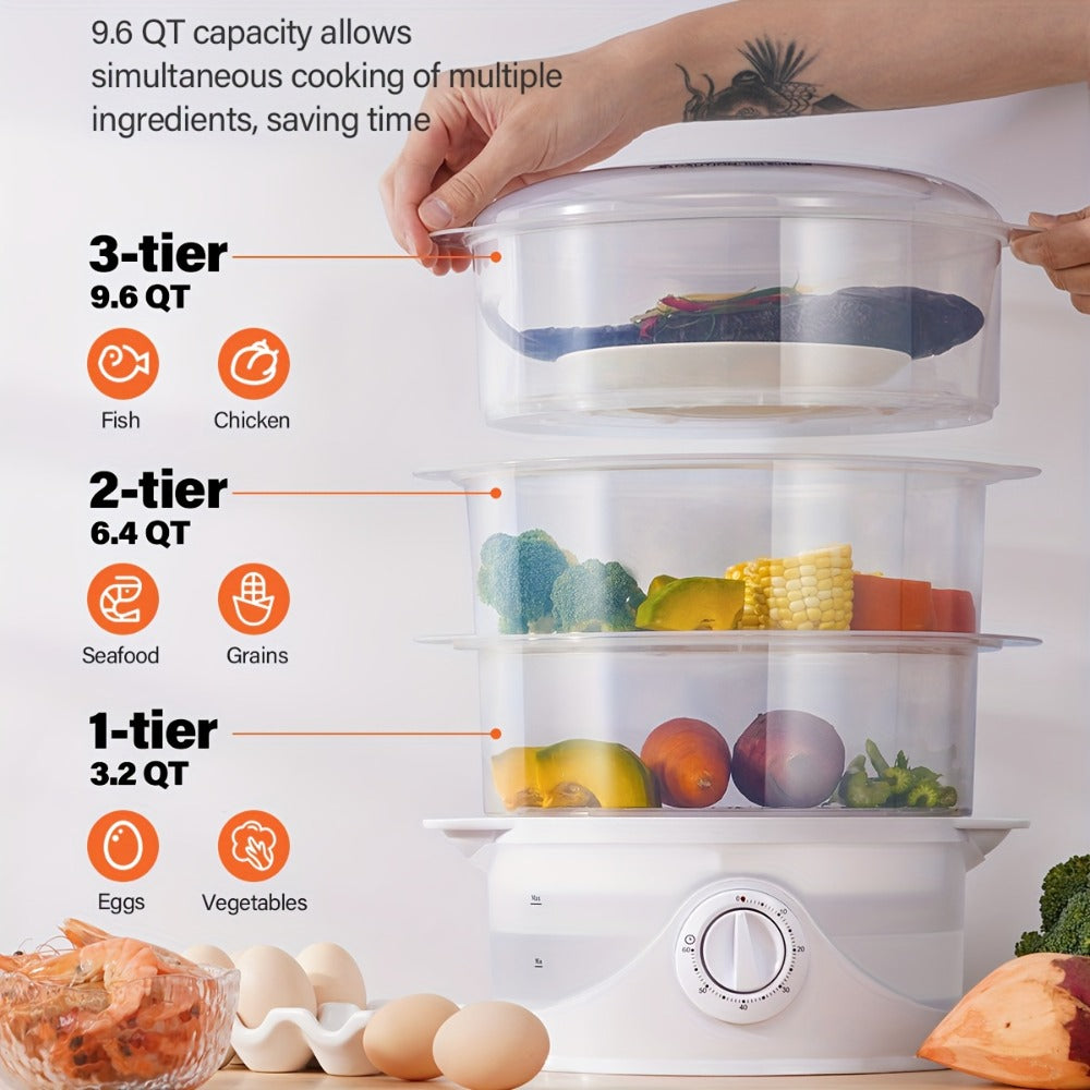 Electric Food Steamer 3-Tier 9.6QT Large Capacity, 800W Fast Cooking, 60-Min Timer, Boil-Dry Protection, Dishwasher Safe & BPA-Free
