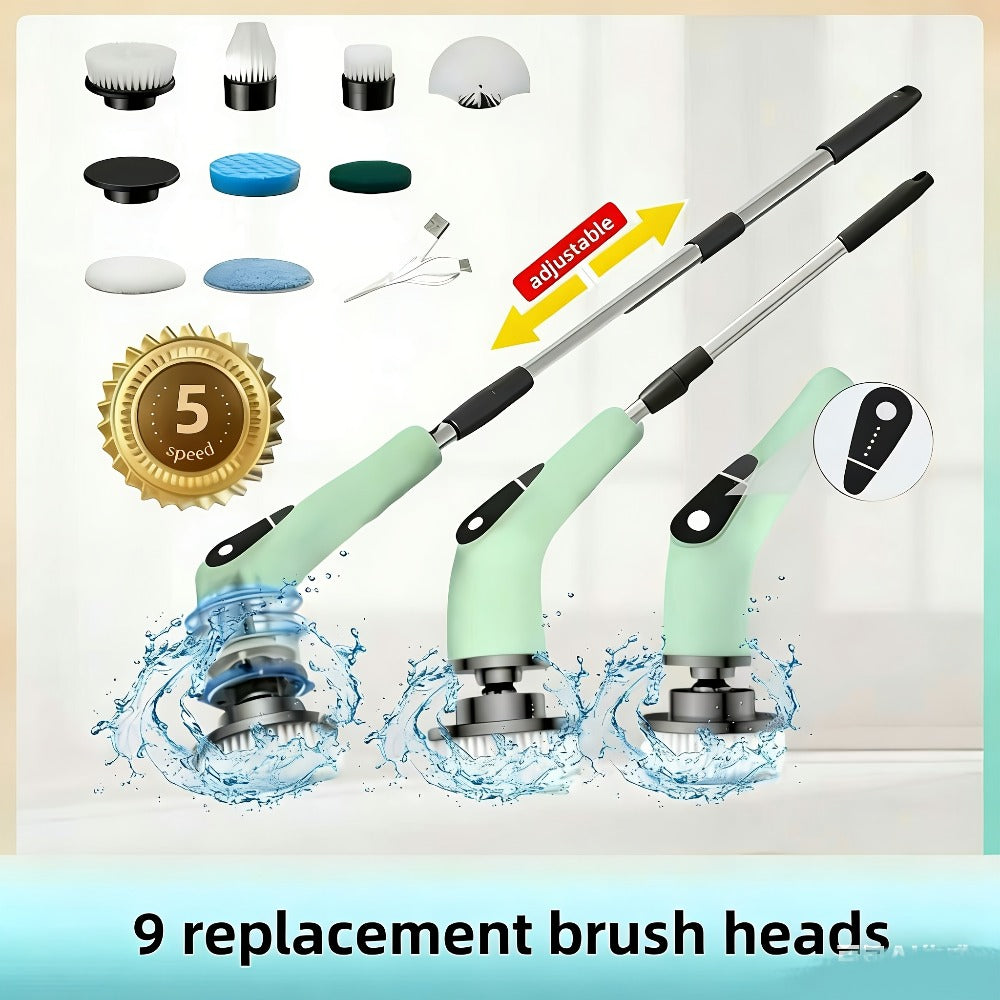 Scrubber with 9 Interchangeable Brush Heads 5 Speed Settings and 3 Extendable Handles
