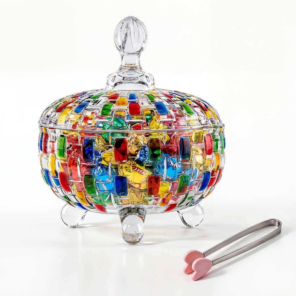 Crystal Glass Candy Dish with Lid and Tongs for Family and Friends