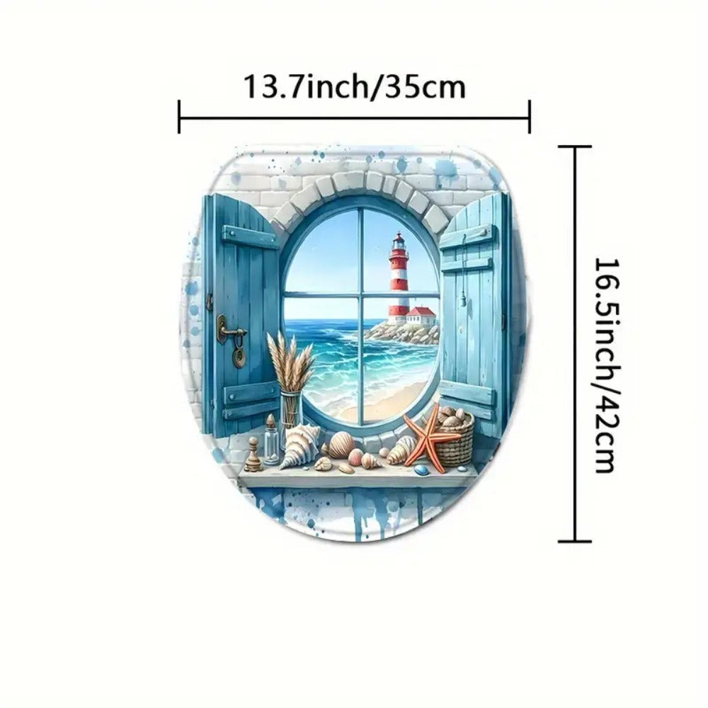 Shower Curtain Set, Ocean View Pattern Nautical Bathroom Decor, Toilet Seat Cover & 12 Hooks for Apartment Hotel