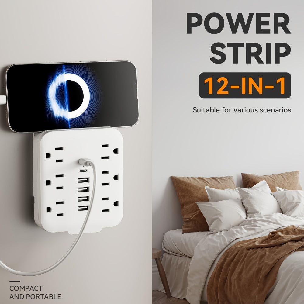 Power Strip, 6 AC Outlets & 6 USB Ports (2 USB-C) Compact Space-Saving Plug, 110-130V US Plug for Home & Office White & Black