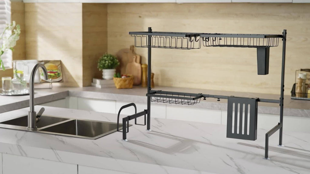 Over-the-Sink Dish Drying Rack, Adjustable Two-Tier 304 Stainless Steel Kitchen Organizer for 30 to 34-Inch Widths