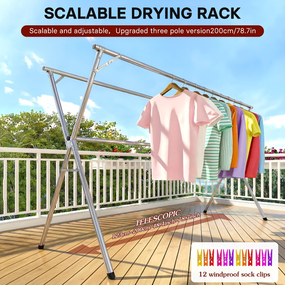 Laundry Drying Rack, Freestanding Stainless Steel Clothes Airer with Folding Frame for Home and Patio