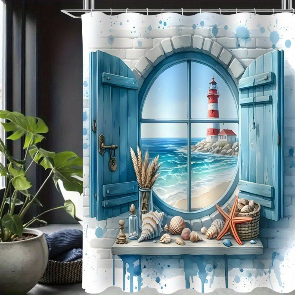 Shower Curtain Set, Ocean View Pattern Nautical Bathroom Decor, Toilet Seat Cover & 12 Hooks for Apartment Hotel