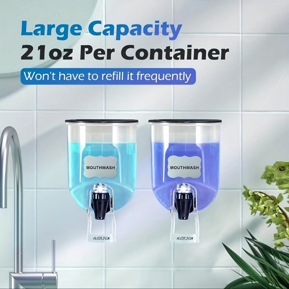 Mouthwash Dispenser with Wall Mounted 2-Pack 21 oz Plastic Container and Space Saving Bathroom Organizer for Countertop Storage