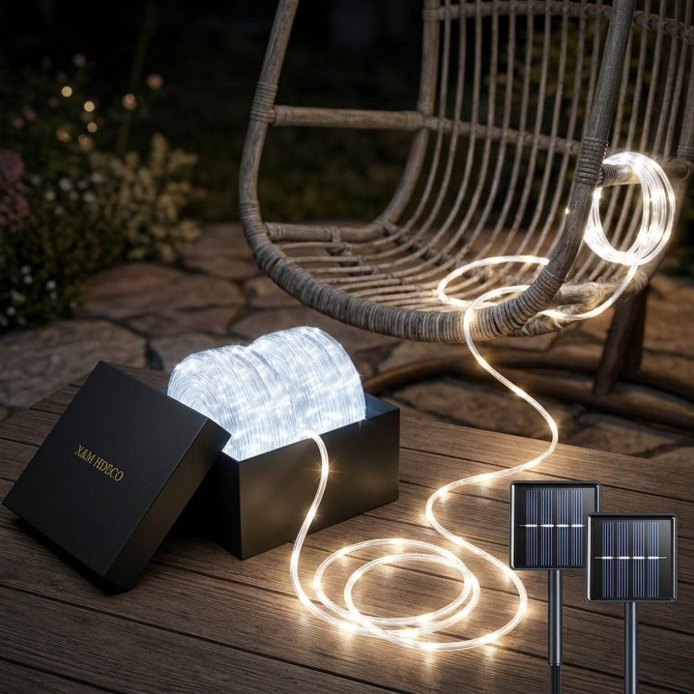 Outdoor Solar LED String Lights Waterproof – Flexible Fairy Lights 23FT to 105FT for Pool, Fountain, Garden, Patio & Wedding Decor – Neon Blue, White, RGB & Amber Colors