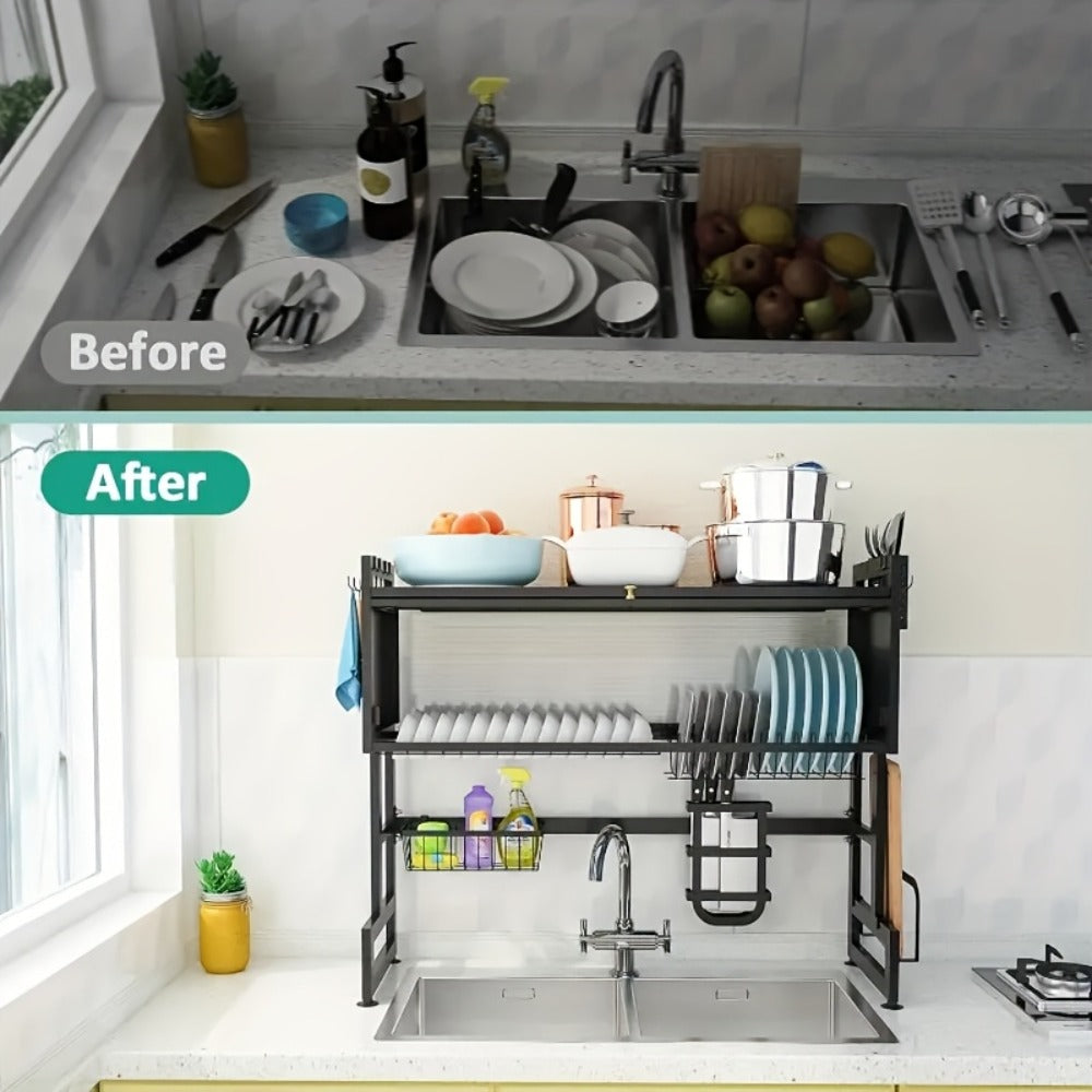 Dish Drying Rack, Multi-Layer Kitchen Countertop Organizer, Dust-Free Drainer for Plates Bowls Utensils
