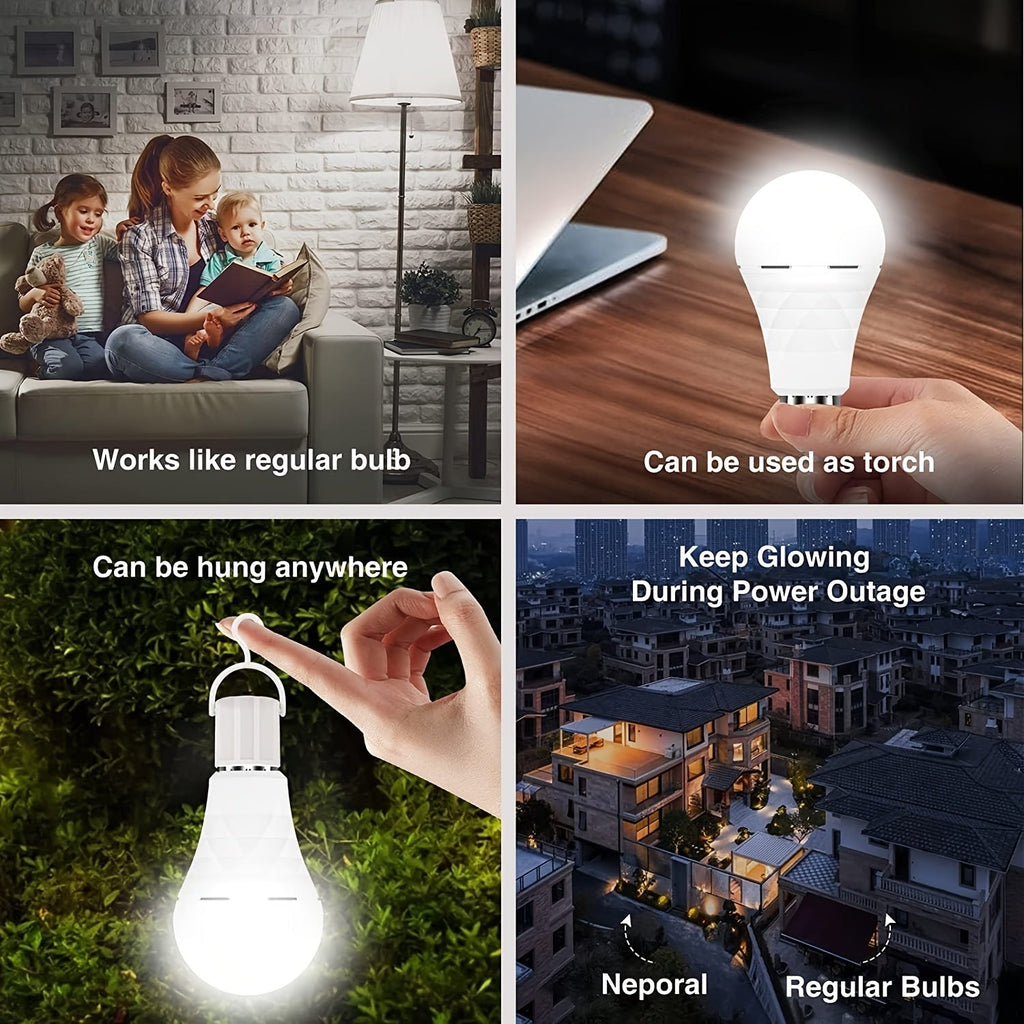 Rechargeable Emergency LED Light Bulb 4 Pack, 12W 6500K, for Camping and Power Outage