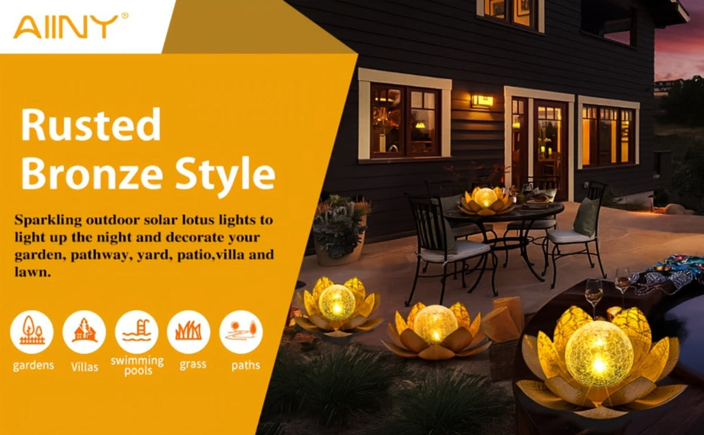 Solar Lotus Cracked Glass Ball Garden Lamp 2pcs – Waterproof Metal Cracked Ball Solar Light for Outdoor & Indoor Decoration | Garden, Balcony, Dining Table & Living Room Decor | Father’s Day Gift