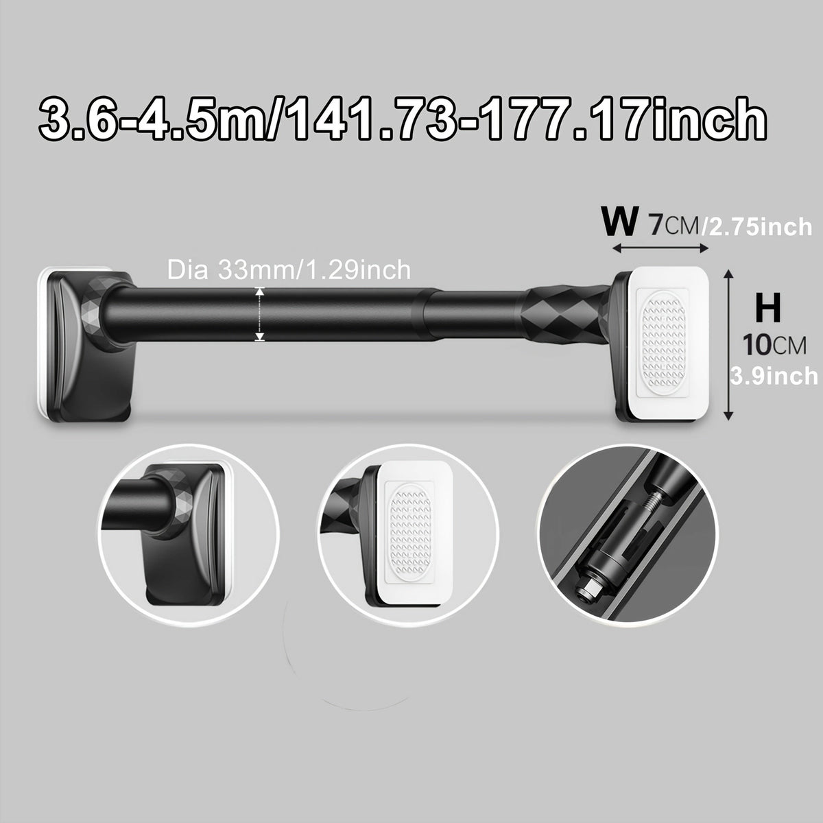 Curtain Rod, 33mm Steel Telescopic Tension Rod with Adjustable Length and No-Drill Installation for Large Windows