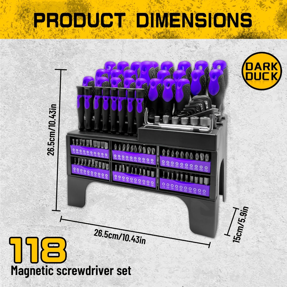 Magnetic Screwdriver Set, 118-Piece Chrome Vanadium Steel Tool Kit with Storage Rack and Magnetic Bowl for Repairs