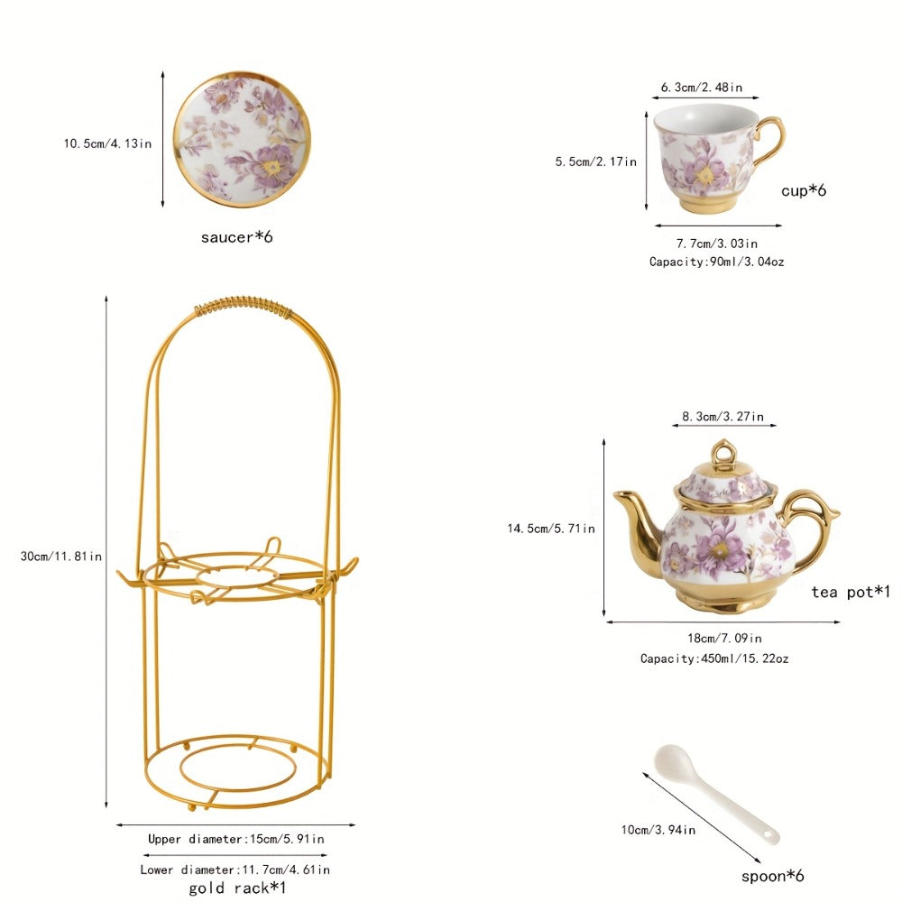 Floral Ceramic Tea Set 20 Pcs – European Porcelain Tea Cups & Saucers with Metal Holder & 15 Oz Teapot – Luxury Arabic Coffee Cup Set for Espresso, Cappuccino & Afternoon Tea – Elegant Gift