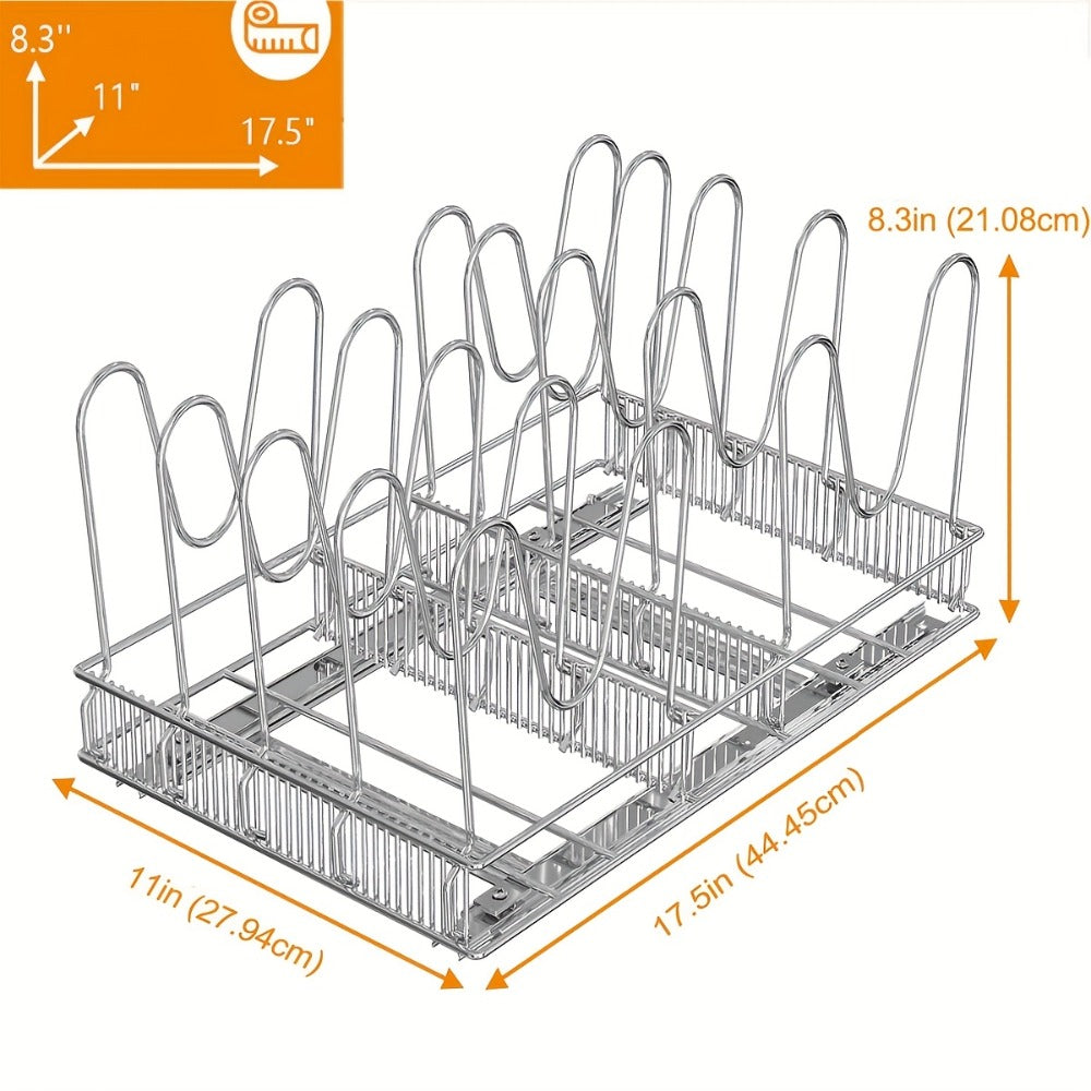 Kitchen Organizer, Cabinet Pot & Pan Organizer Rack 10 Adjustable Dividers, 11"W x 17.5"D x 8.3"H, Chrome Steel Kitchen Storage