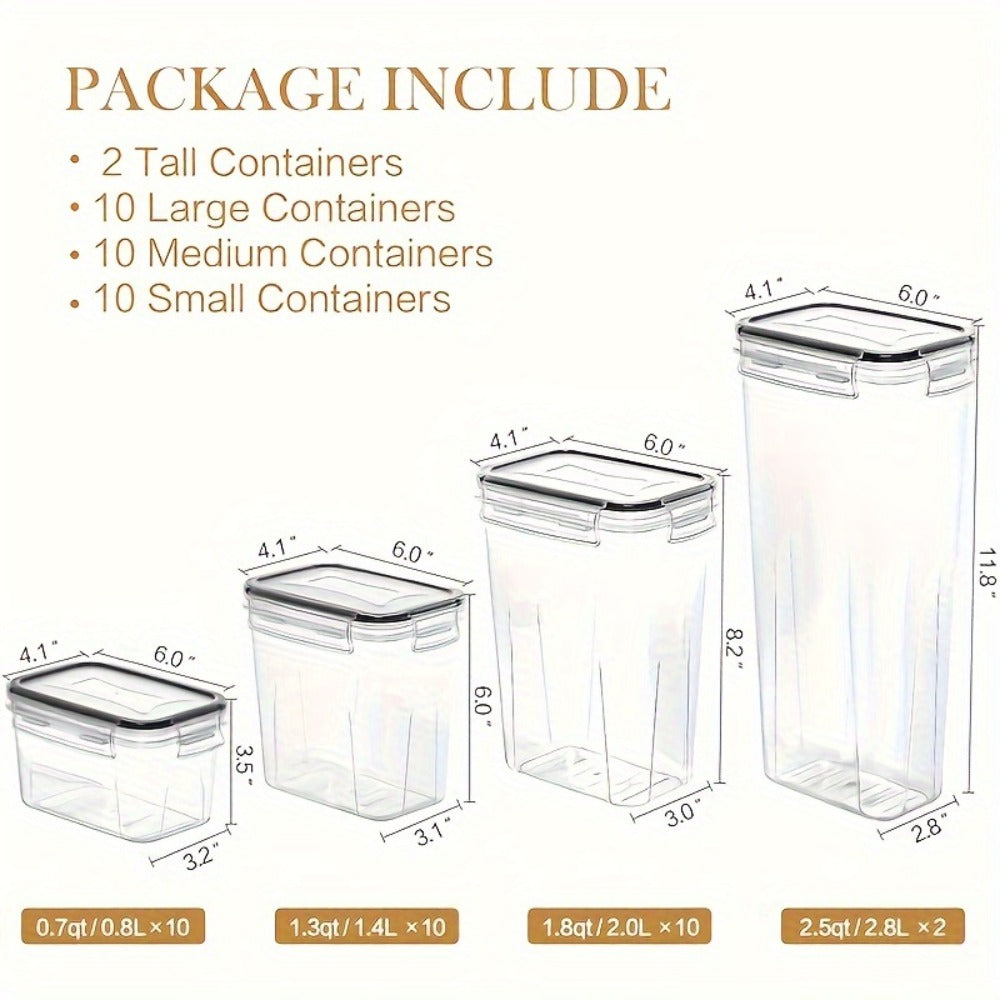 Airtight Food Storage Containers, 32 Plastic Containers and 32 Airtight Snap Lids with Reusable Labels for Pantry Organization