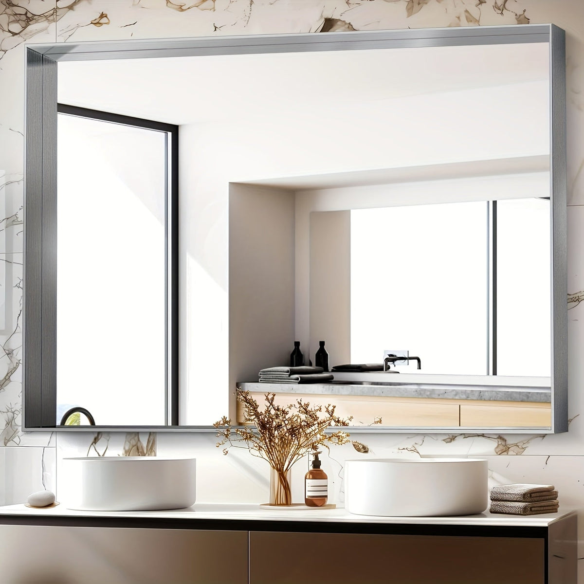 Bathroom Mirror with Rectangular Metal Frame, Horizontal or Vertical Wall Mounting in Three Finishes
