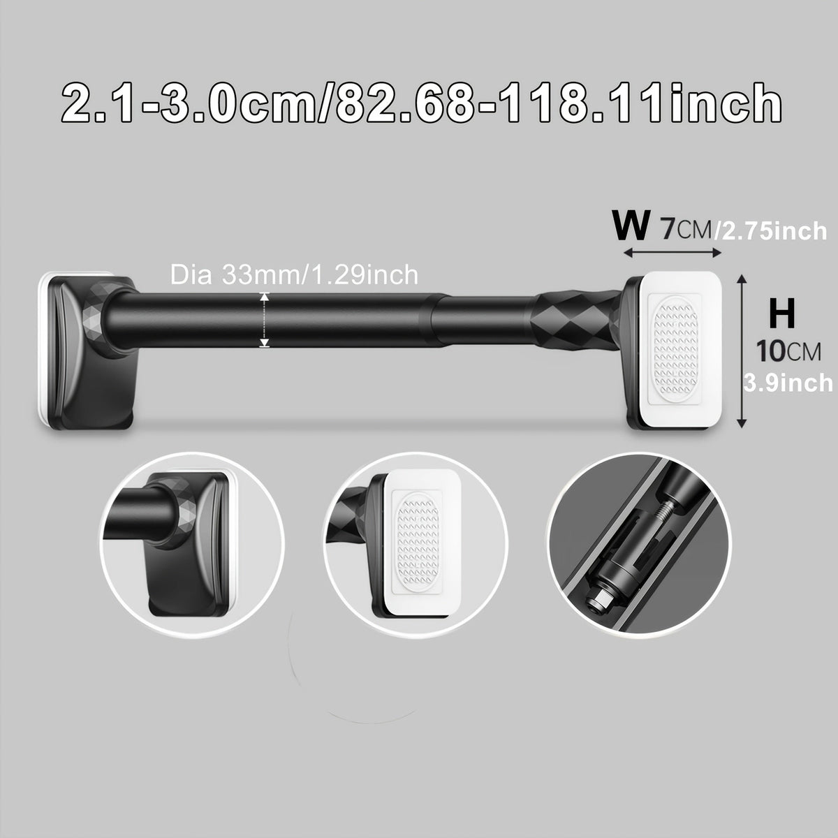 Curtain Rod, 33mm Steel Telescopic Tension Rod with Adjustable Length and No-Drill Installation for Large Windows