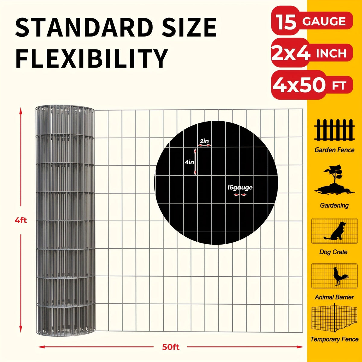 Welded Wire Mesh Fence Roll 50ft – Galvanized Zinc-Coated Steel Hardware Cloth for Chicken Coop, Garden Fence, Pet Enclosure, Rabbit Hutch & Plant Support, Rust-Resistant, 4ft 5ft 6ft Wide Options