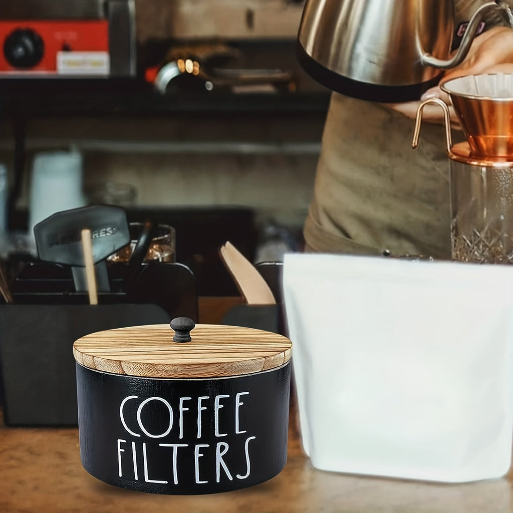 Wooden Coffee Filter Holder with Lid | Rustic Farmhouse Coffee Filter Storage Container | Solid Wood Coffee Bar Organizer for Countertop | Vintage Style Decorative Coffee Accessory Box Black & White