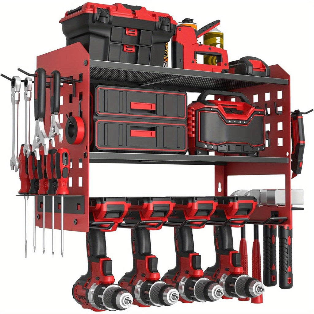 Power Drill Holder Wall Mount – Heavy Duty Tool Storage Rack with 3/4 Layer Floating Shelf | Cordless Drill Organizer | 4/6/8 Drill Holders Workshop Tool Rack for Garage & Workshop Organization