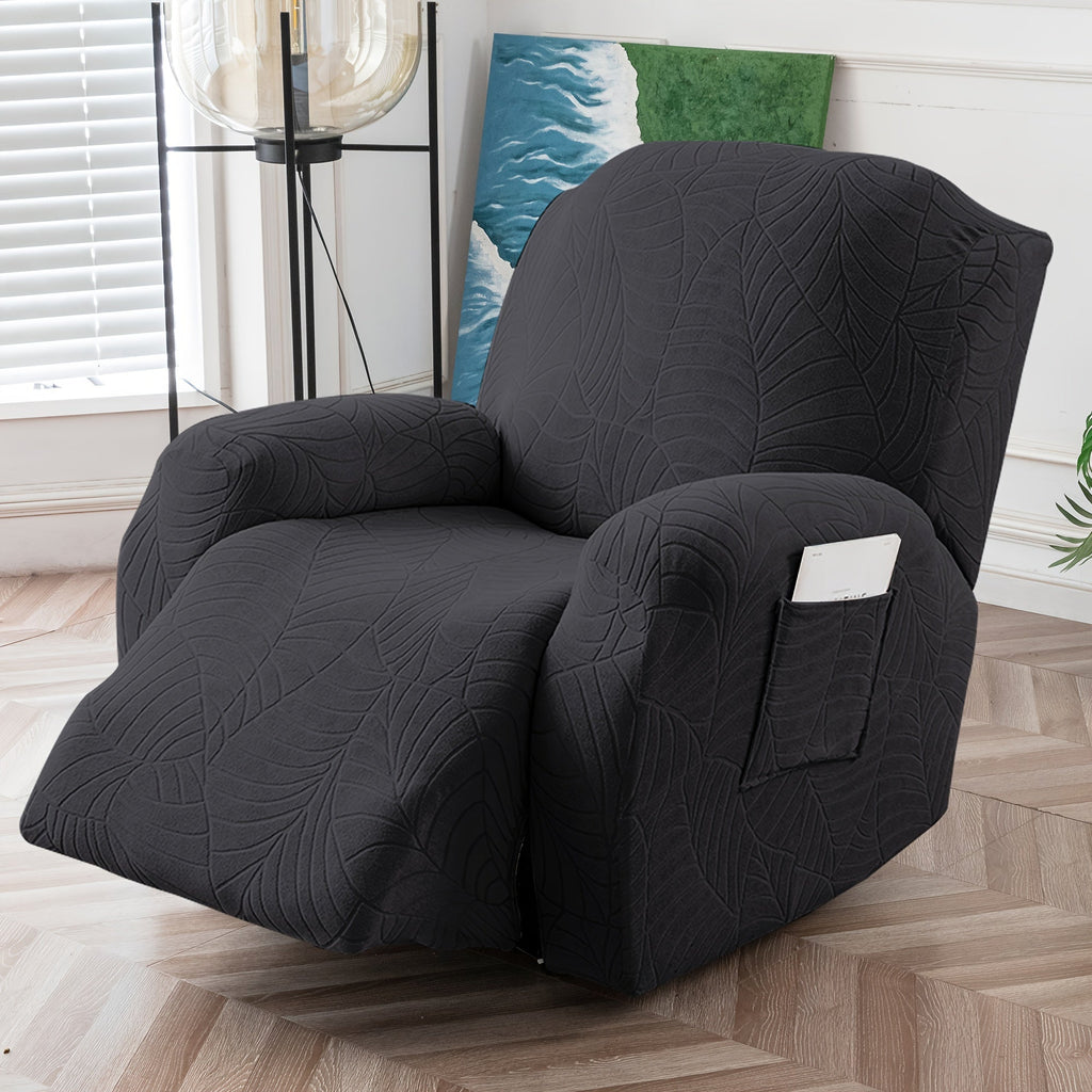 Recliner Chair Cover Slipcover 4-Piece Set – Leaf Jacquard Stretch Furniture Protector with Storage Pocket, Non-Slip Recliner Sofa Cover for Living Room, Machine Washable, 6 Colors Available