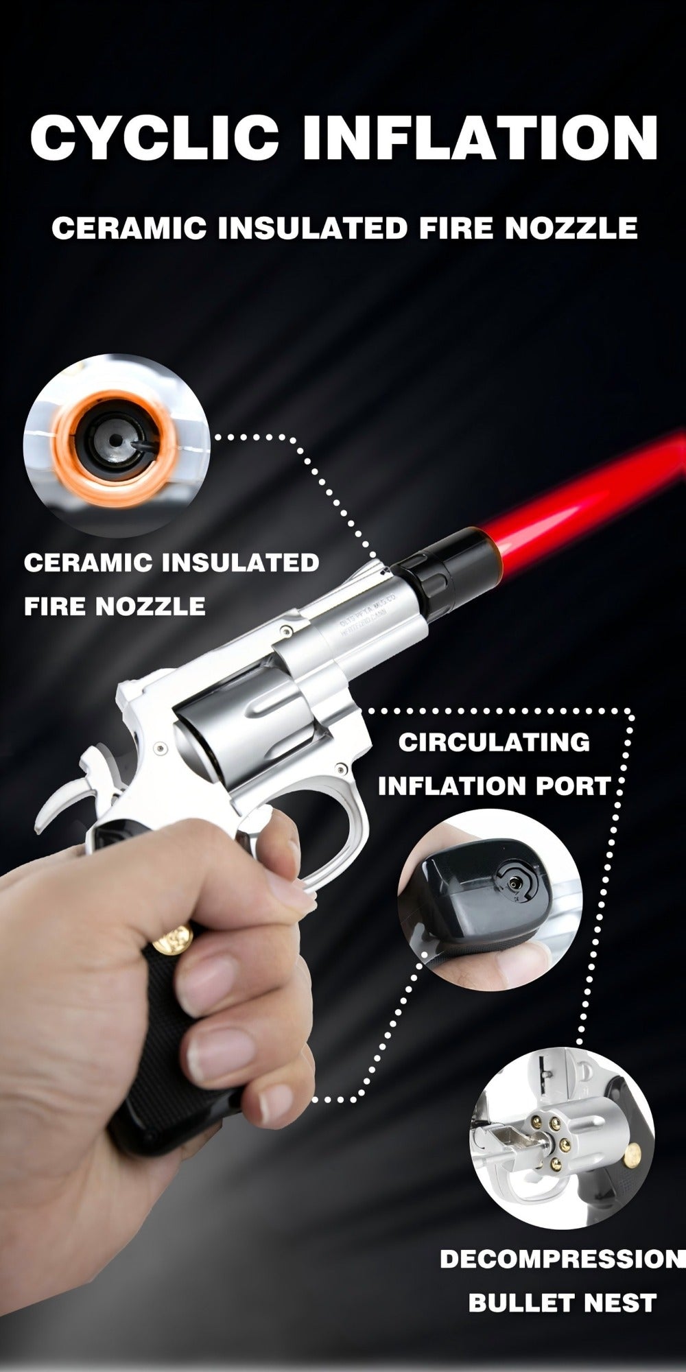 Lighter with Adjustable Flame and Pistol Revolver & Wheel Design for Camping Outdoor Cooking Grilling BBQ Charcoal Lighting