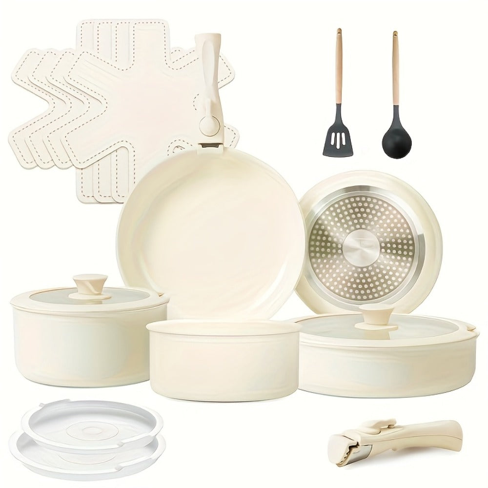 Nonstick Ceramic Cookware Set 17 Piece Pots and Pans with Removable Handles