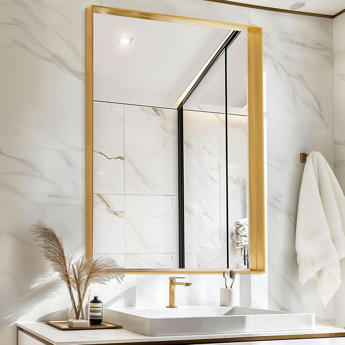 Bathroom Mirror with Rectangular Metal Frame, Horizontal or Vertical Wall Mounting in Three Finishes