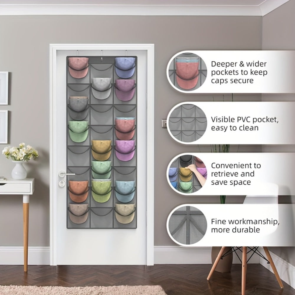 Hat Organizer, Baseball Cap Rack, Large Clear Pockets and 3 Hooks for Hat Storage Protection and Display in Closet