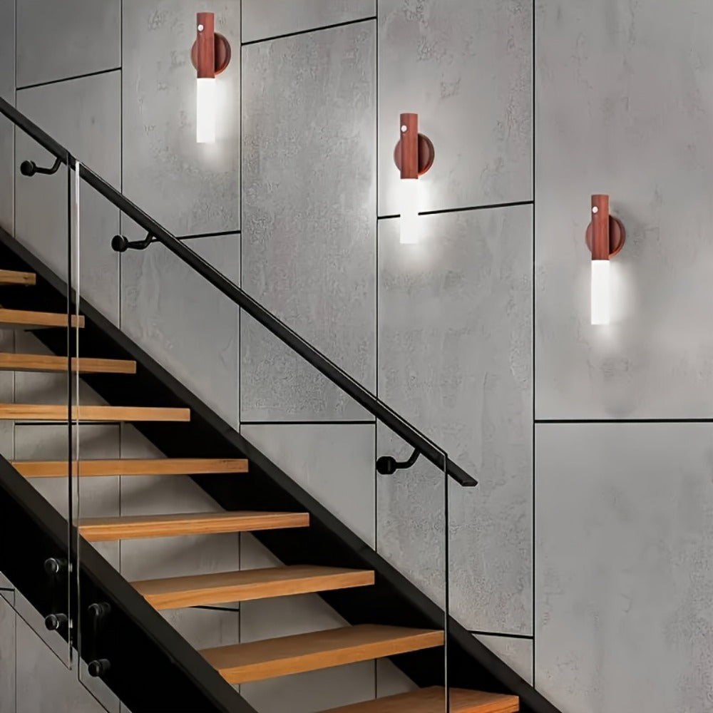 Motion Night Light, Rechargeable LED IPX4 Waterproof Wood Grain & Walnut Under Cabinet Step Lamp for Staircase