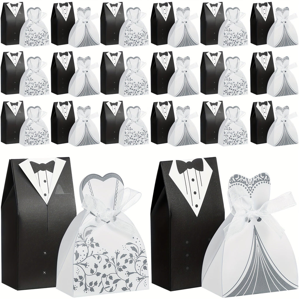 100 Pcs Wedding Party Favor Boxes Dress & Tuxedo Candy Gift Boxes with Ribbon – Vintage Bridal Shower Birthday Treat Bags Bulk Decoration