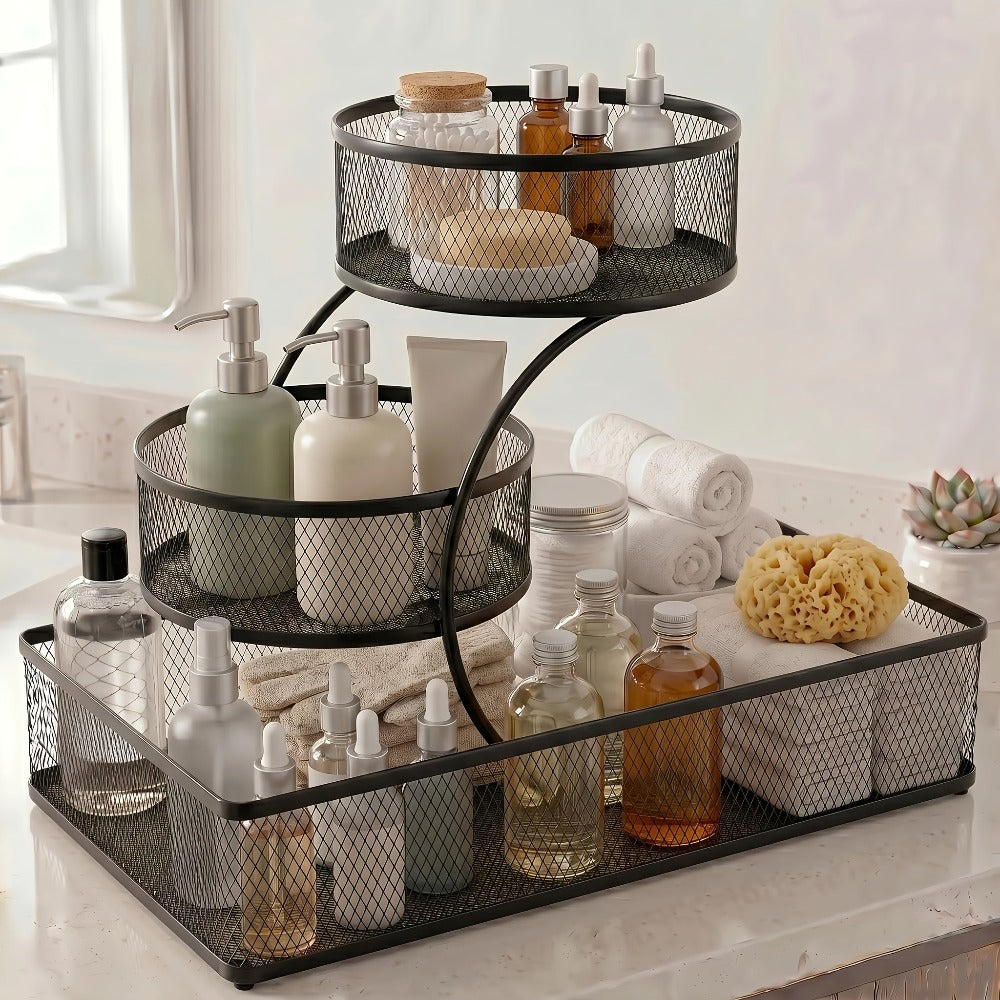 Bathroom Rack in a Metal Design with a Spray Bottle and the Hooks
