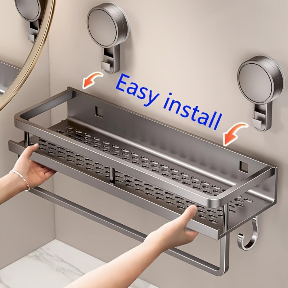 Wall-Mounted Suction Cup Shelf with Towel Hook for Shampoo and Soap Storage in the Bathroom, Shower Caddy