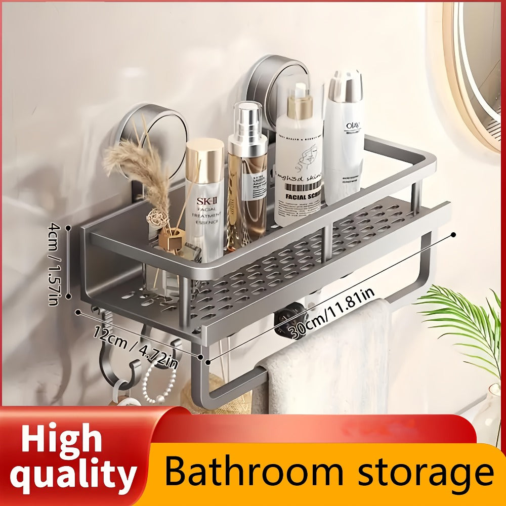 Wall-Mounted Suction Cup Shelf with Towel Hook for Shampoo and Soap Storage in the Bathroom, Shower Caddy