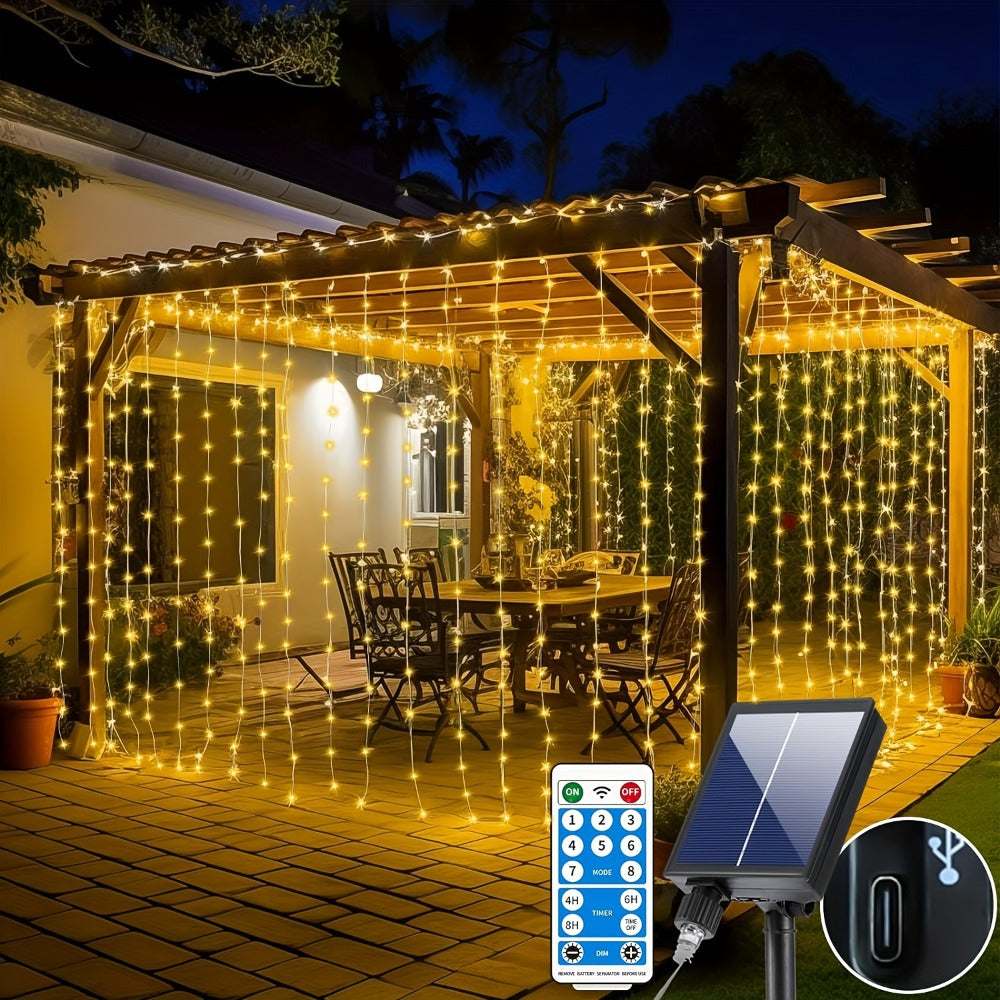 Outdoor String Lights, Solar Curtain Lights Outdoor 300 LED Waterfall Fairy String Lights, 1200mAh lithium rechargeable
