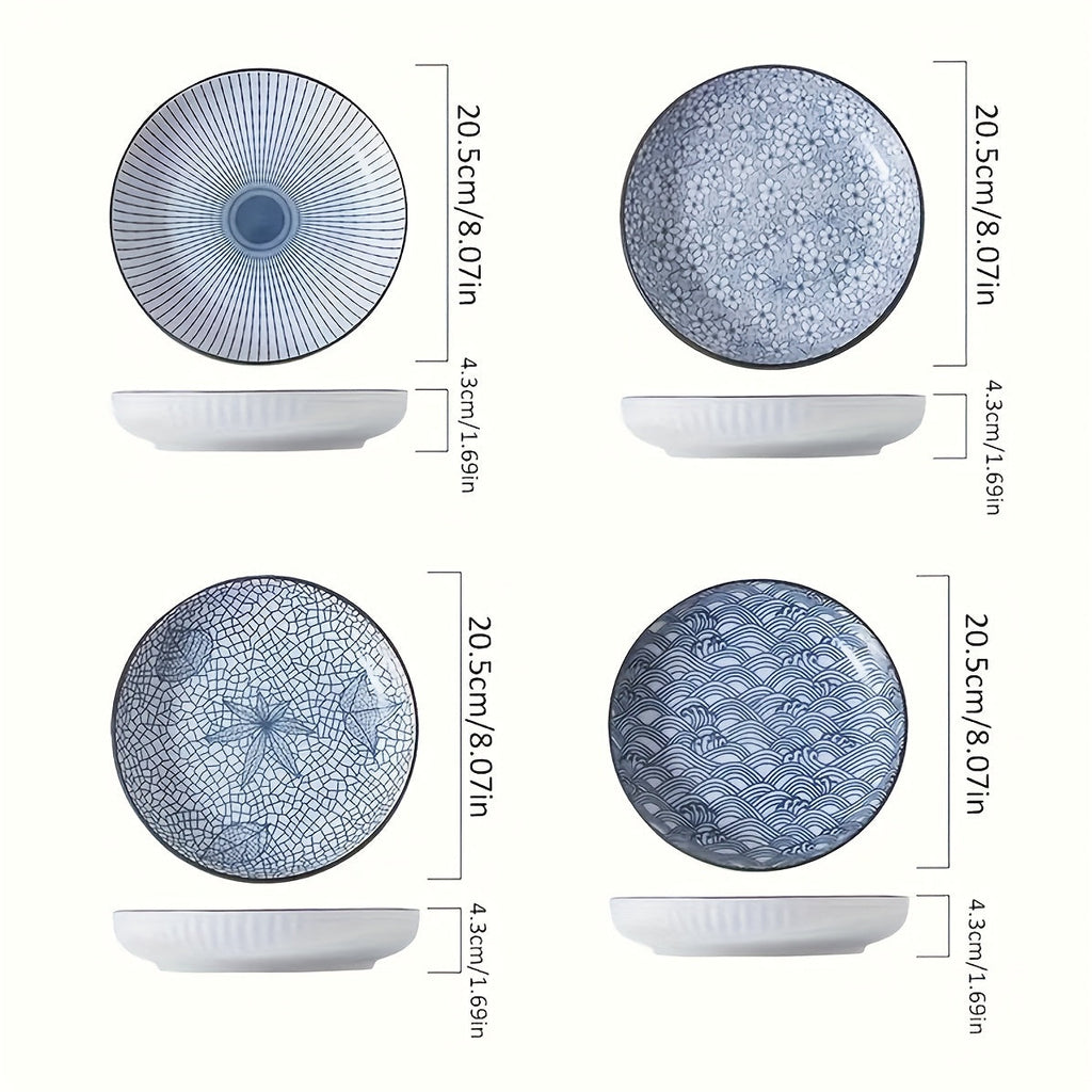 Japanese Ceramic Plates Set of 4 – Floral Yamada Pattern Dinnerware, 7-Inch Round Serving Plates with Non-Slip Edge, Underglaze Color, Nordic Style Steak & Salad Dish