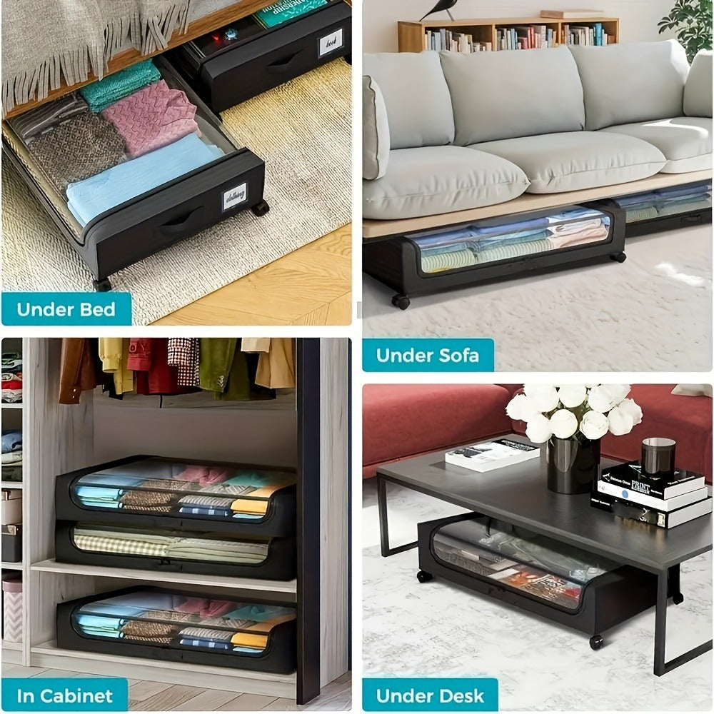 Foldable Under-Bed Organizer Bins with Wheels and Zippered Lids for Clothing and Bedding Storage, Storage Containers