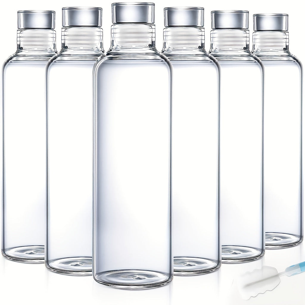 Borosilicate Glass Water Bottle Set of 6 with Lid Sleeve and Cleaning Brush – 18oz Reusable Juice Bottles | Non-Slip Sports Drinking Vessels for Home Office Gym Travel