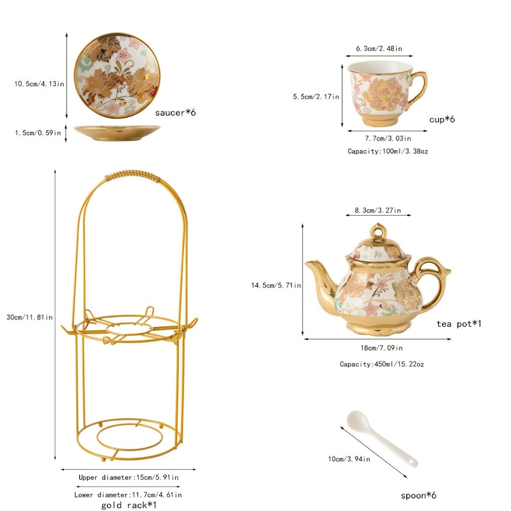 European Floral Ceramic Tea Set 20 Pcs – Italian Style Afternoon Tea Set with Metal Stand – Blooming Pattern Teapot & Cups – Elegant Gift for Tea Lovers & Special Occasions – Golden