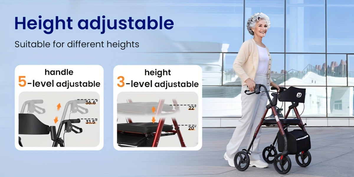 Rollator Walkers For Seniors with Ergonomic Backrest and Dual Adjustable Height