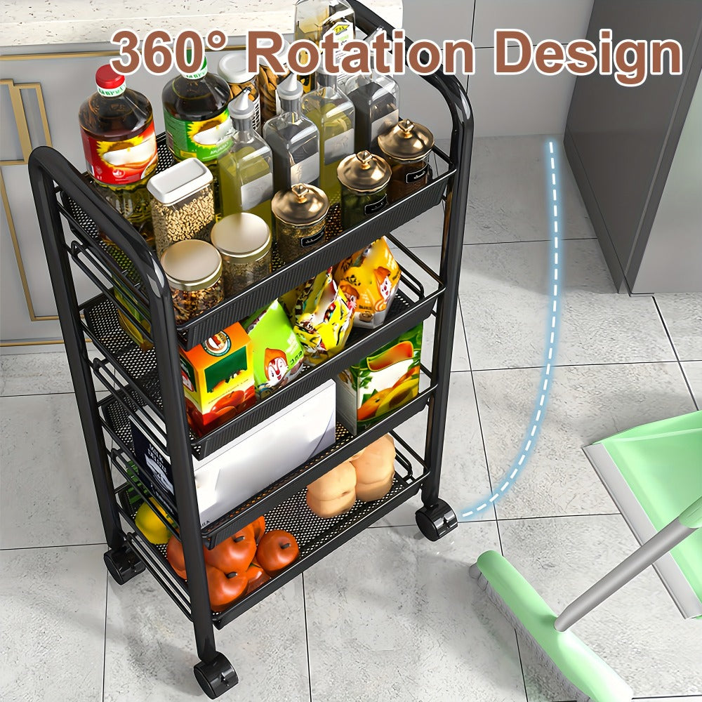 Storage Cart on Wheels in Carbon Steel for Kitchen and Bathroom (Space-Saving Detachable Shelving Unit)