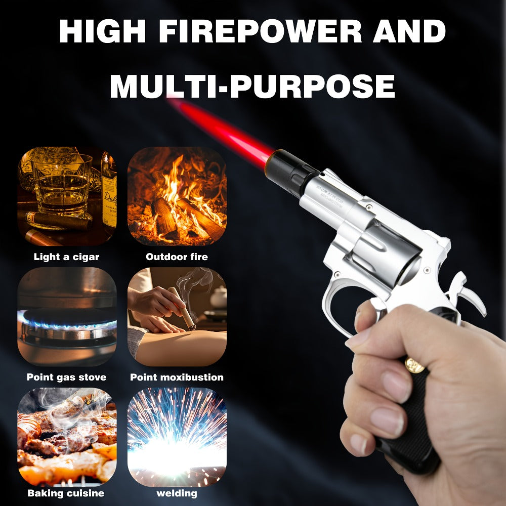 Lighter with Adjustable Flame and Pistol Revolver & Wheel Design for Camping Outdoor Cooking Grilling BBQ Charcoal Lighting