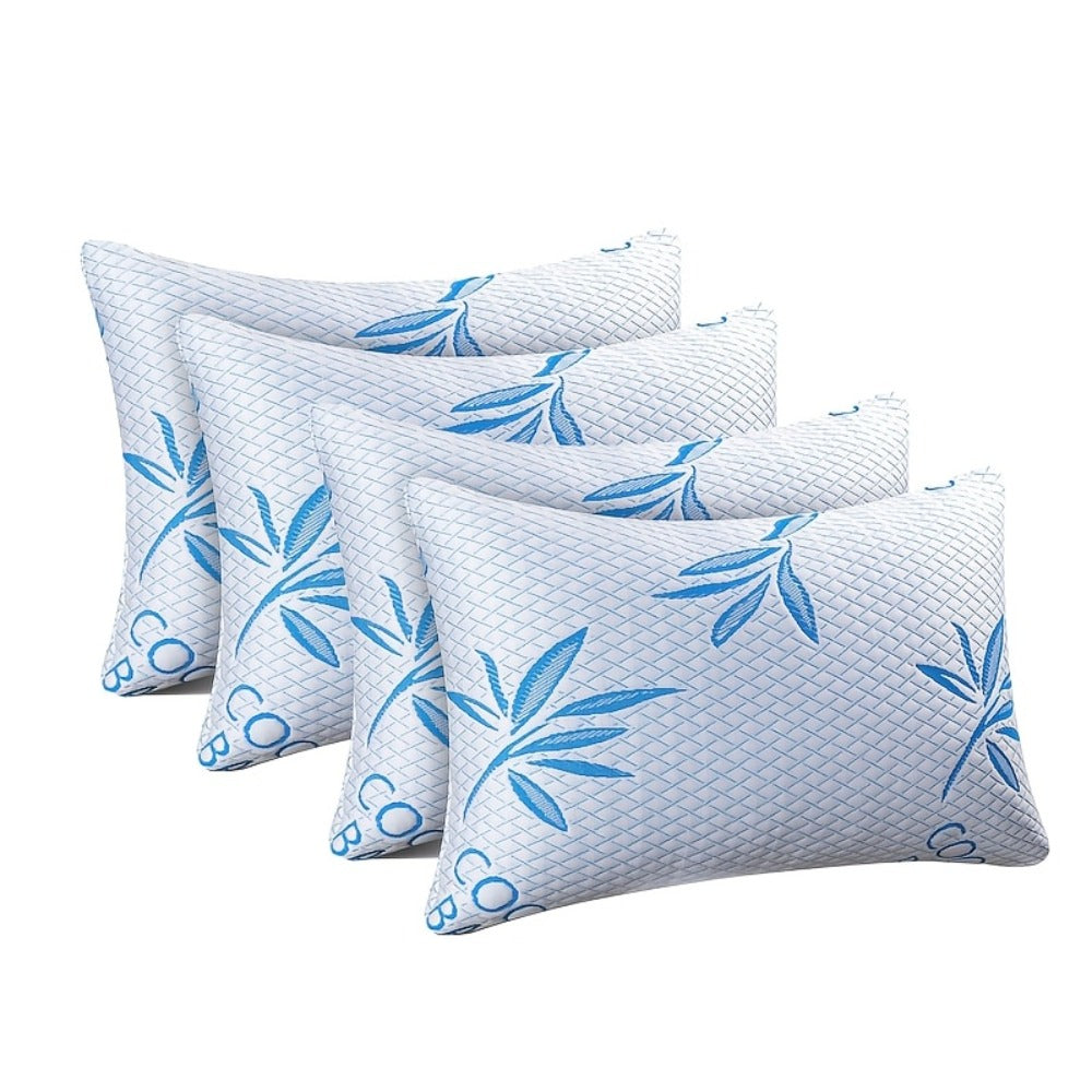 Bamboo Fiber Cooling Pillow Soft Breathable Bed Pillow for Sleeping Back Stomach Side Sleeper Machine Washable Cover Queen King Standard Size Single 2-Pack 4-Piece Set Hexagon Blue