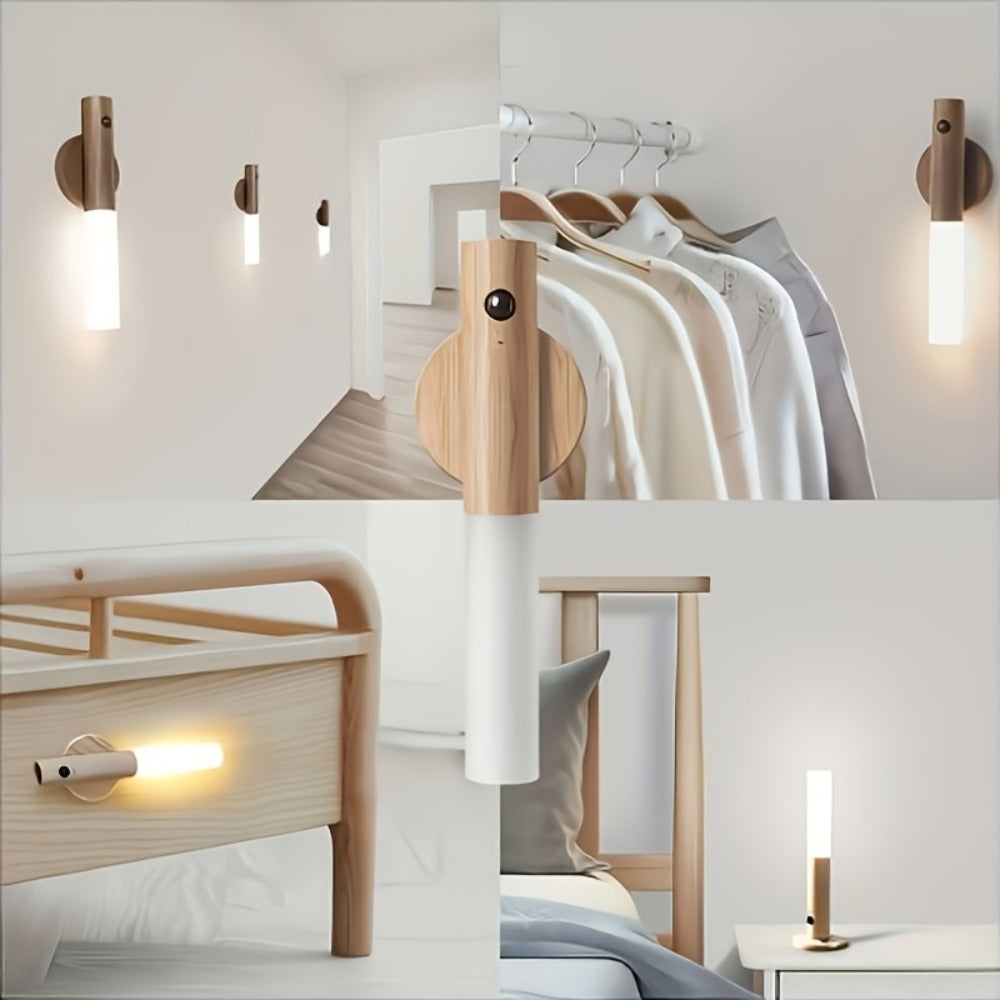 Motion Night Light, Rechargeable LED IPX4 Waterproof Wood Grain & Walnut Under Cabinet Step Lamp for Staircase